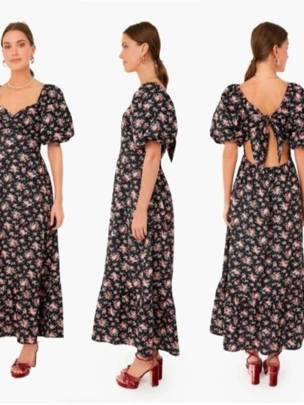 Tuckernuck Black Maxi Dress with Pink Floral Print and Puff Sleeves